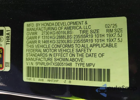 2025 Honda Odyssey Sport-L из США, поврежденный, VIN 5FNRL6H7XSB051948